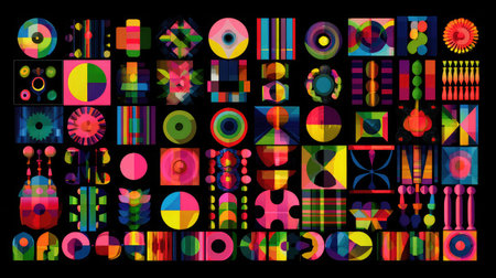Grid of colorful geometric elements with neon glow, fading into blacknessの素材