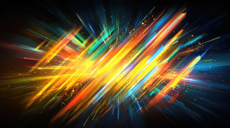Neon geometric explosion with dynamic shards and glowing particles on dark backgroundの素材
