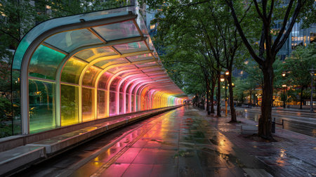 Neon-lit walkway under glass roof with changing light colors along the pathの素材