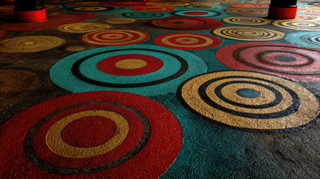Patterned walkway with painted concentric circles in bold huesの素材