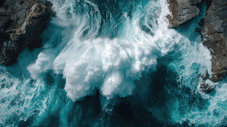 Powerful ocean wave crashing into rugged sea rocks, spray captured mid-airの素材