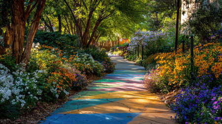 Painted walkway weaving through flowerbeds in a public botanical gardenの素材