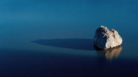 Peaceful sea with a single rock casting a shadow in still waters under soft sunlightの素材