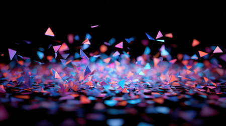 Randomly scattered colorful D polygons casting soft glows on a black backgroundの素材