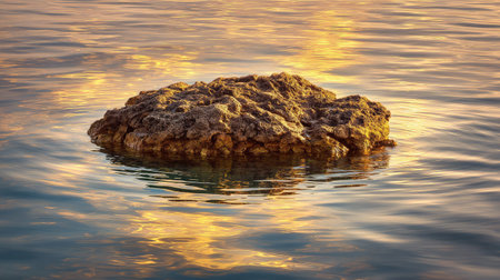 Sea rock surrounded by gentle ripples under golden sunset sky, reflecting colors on the surfaceの素材