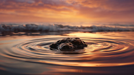 Sea rock surrounded by gentle ripples under golden sunset sky, reflecting colors on the surfaceの素材