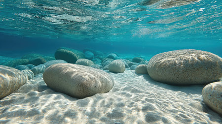 Submerged rocks under shallow sea water reflecting soft morning lightの素材