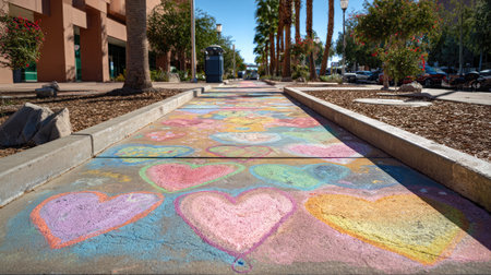 Walkway with playful chalk drawings and pastel colors creating a joyful routeの素材