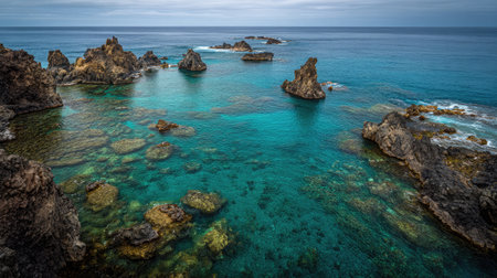 Volcanic rock rising out of blue waters under overcast skies with texture detail visibleの素材
