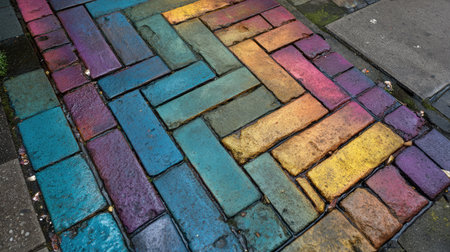 Sidewalk in vivid hues with a repeating chevron pattern and contrasting edgesの素材