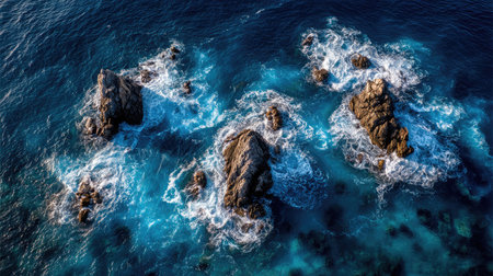 Sharp black rocks jutting out of deep blue sea water with white foam crashing at their baseの素材
