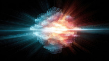 Vibrant layered hexagons and diagonal stripes radiating from the center in an abstract style on blackの素材