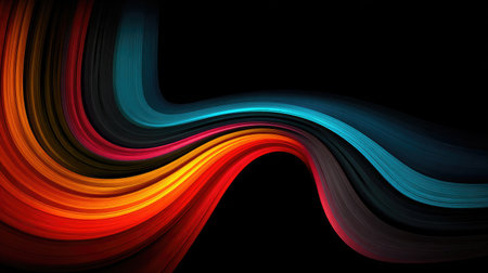 Vivid stripes and curved segments overlapping in a chaotic abstract motion on blackの素材