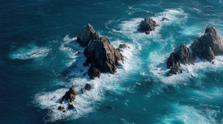Sharp black rocks jutting out of deep blue sea water with white foam crashing at their baseの素材