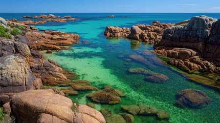 Sunlight hitting sea rocks surrounded by emerald-green waters and distant ocean horizonの素材