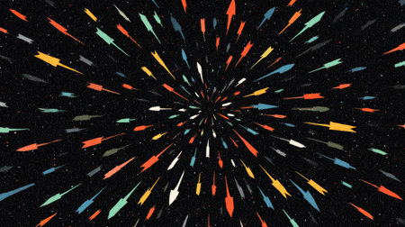 Stylized colorful arrows and lines radiating outward from the center of a black spaceの素材