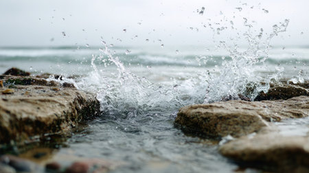 Tide crashing against jagged ocean rocks in slow motion with splash forming mistの素材