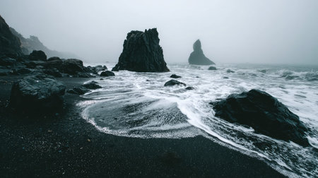 Tall black rocks standing above ocean level surrounded by swirling white sea foamの素材