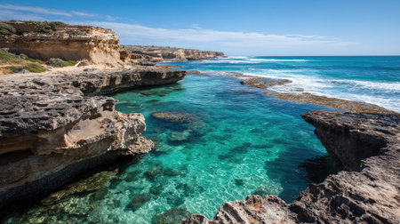 Sunlight hitting sea rocks surrounded by emerald-green waters and distant ocean horizonの素材