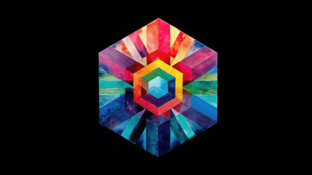 Vibrant layered hexagons and diagonal stripes radiating from the center in an abstract style on blackの素材
