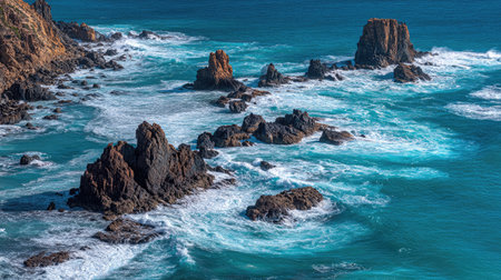 Tall black rocks standing above ocean level surrounded by swirling white sea foamの素材