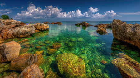 Sunlight hitting sea rocks surrounded by emerald-green waters and distant ocean horizonの素材
