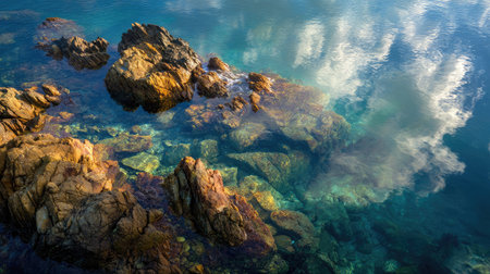 Submerged rocks under shallow sea water reflecting soft morning lightの素材