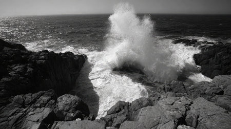 Tide crashing against jagged ocean rocks in slow motion with splash forming mistの素材