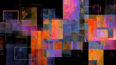 Vibrant abstract artwork with neon geometric shapes layered on black background, creating a dynamic and modern digital compositionの素材