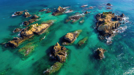 Wide shot of multiple sea rocks scattered across the ocean with blue water ripplesの素材