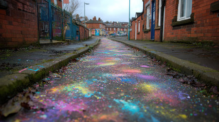 Urban footpath filled with rainbow paint splash designs for a whimsical streetの素材