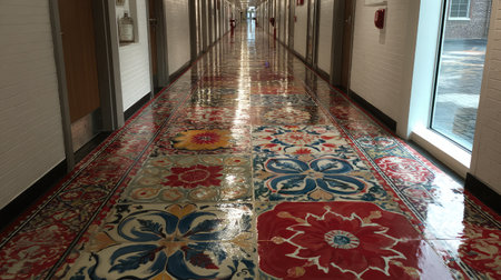 Vibrant tile walkway with floral patterns in strong primary and secondary colorsの素材