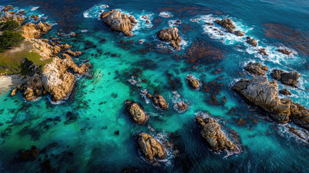 Wide shot of multiple sea rocks scattered across the ocean with blue water ripplesの素材