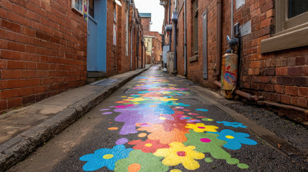 Urban footpath filled with rainbow paint splash designs for a whimsical streetの素材