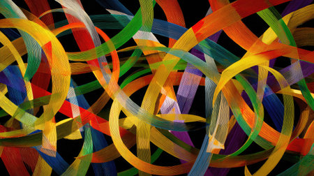 Vivid stripes and curved segments overlapping in a chaotic abstract motion on blackの素材