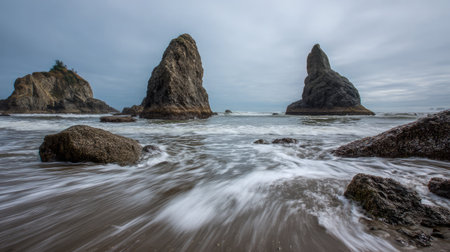Tall black rocks standing above ocean level surrounded by swirling white sea foamの素材