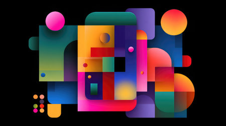 Vibrant abstract artwork with neon geometric shapes layered on black background, creating a dynamic and modern digital compositionの素材
