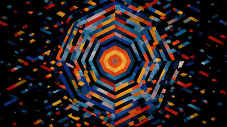 Vibrant layered hexagons and diagonal stripes radiating from the center in an abstract style on blackの素材