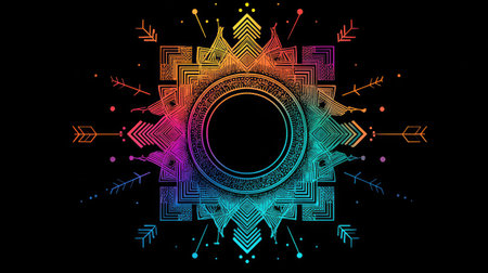 Stylized colorful arrows and lines radiating outward from the center of a black spaceの素材
