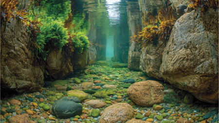 View of sea rocks through clear green water with marine plants clinging to the sidesの素材