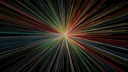 Stylized colorful arrows and lines radiating outward from the center of a black spaceの素材