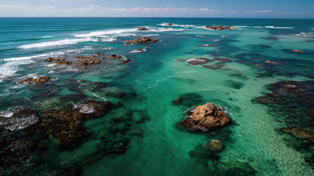Sunlight hitting sea rocks surrounded by emerald-green waters and distant ocean horizonの素材