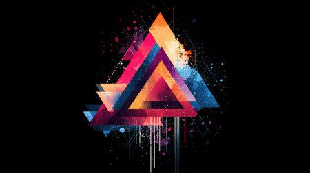 Vibrant abstract artwork with neon geometric shapes layered on black background, creating a dynamic and modern digital compositionの素材