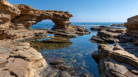 Weathered sea rocks forming a natural arch surrounded by calm ocean waterの素材