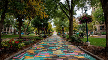 Walkway through park made from bricks in alternating bold and bright colorsの素材