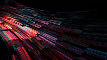 Vivid stripes and curved segments overlapping in a chaotic abstract motion on blackの素材