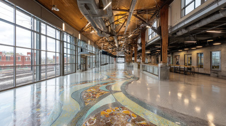 View of color-infused terrazzo flooring forming a decorative city walkwayの素材