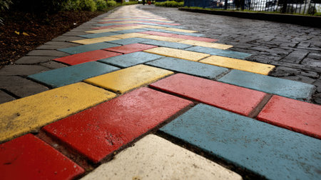 Abstract zigzag walkway design with vivid red, yellow, blue, and green tilesの素材