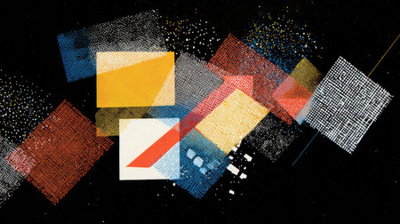 Abstract collage of colorful layered polygons and broken grid patterns floating on dark surfaceの素材