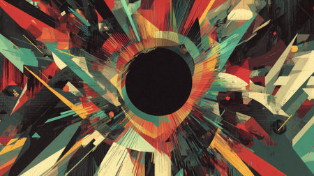 Bold geometric art with angular patterns and color transitions emerging from a central black voidの素材